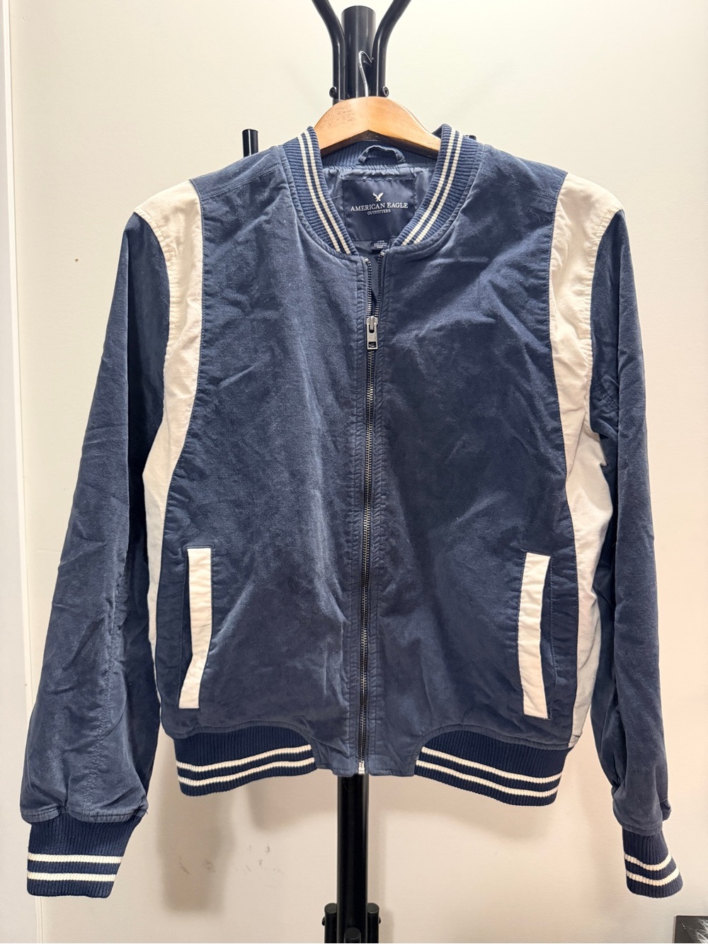 American Eagle Blue & White Mens Bomber Jacket Size Large